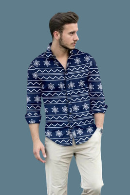Vilantra Fashion Men Printed Casual Dark Blue, White Shirt