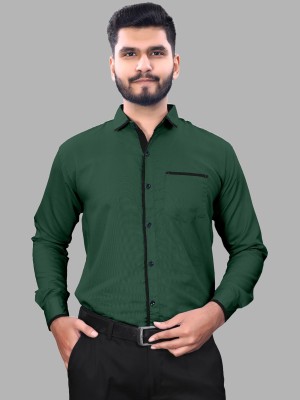 KHANJAN FASHION Men Embroidered, Checkered, Self Design, Solid, Striped Formal Dark Green Shirt