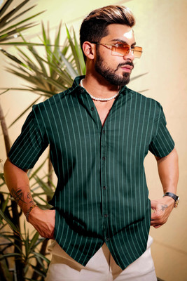 LOOKSY Men Striped Casual Dark Green Shirt