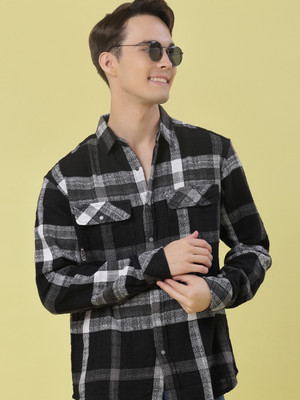 V-MART Men Checkered Casual Black Shirt