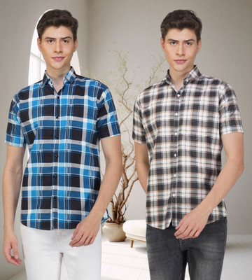 HouseOfCommon Men Printed Casual Blue, Brown Shirt(Pack of 2)