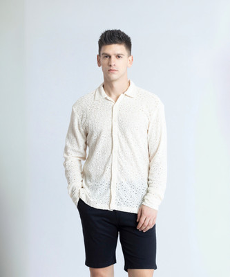 Snitch Men Self Design Casual Cream Shirt
