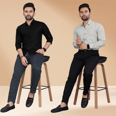 NrV Fashion Men Solid Casual Black, Grey Shirt(Pack of 2)