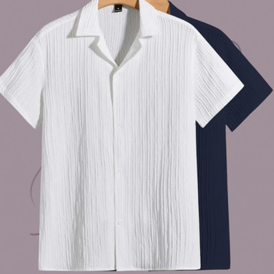 Looksky Men Self Design Casual White, Dark Blue Shirt(Pack of 2)