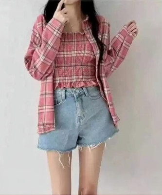 KIRMANI Girls Self Design Casual Pink Shirt