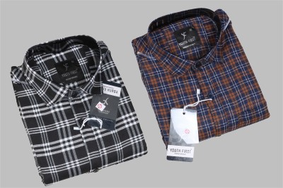 youth first Men Checkered Casual Black, Brown Shirt(Pack of 2)