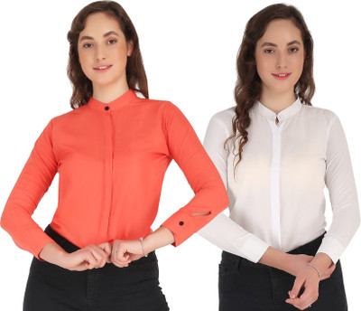 Hunoor Women Solid Casual Grey, Orange Shirt(Pack of 2)