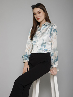 PURYS Women Printed Casual White, Green Shirt