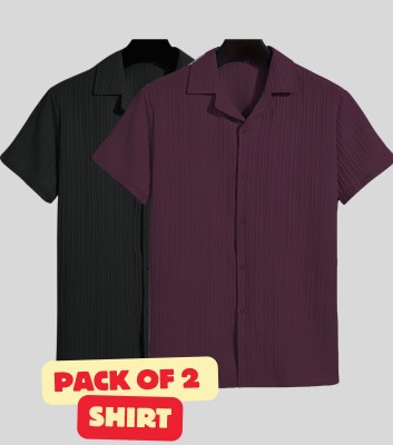 FUBACK Men Solid Casual Black, Purple Shirt(Pack of 2)