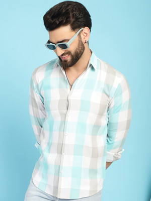 Indian Needle Men Checkered Casual Light Blue Shirt