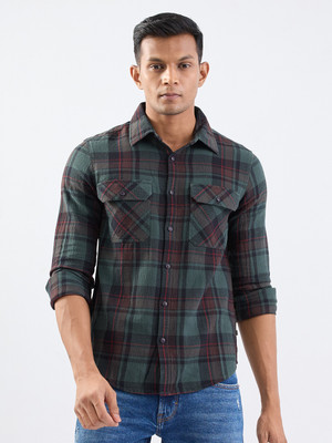 Spykar Men Checkered Casual Green, Brown Shirt