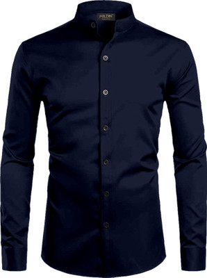 MILDIN Men Solid Formal Dark Blue Shirt