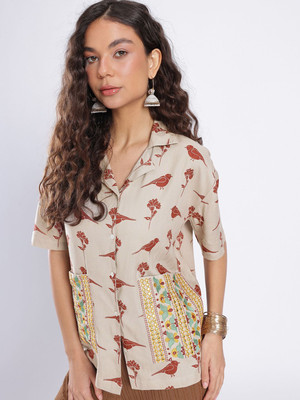 Glitchez Women Printed Casual Grey, Brown Shirt