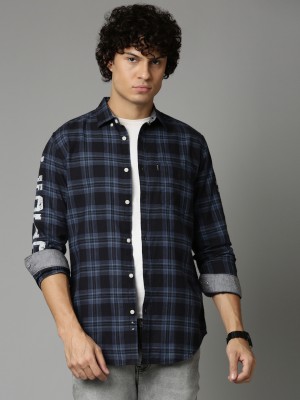 OOKO KAKA Men Checkered Casual Dark Blue, Light Blue Shirt