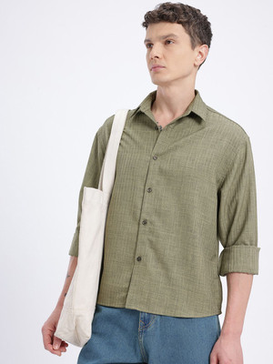 Glitchez Men Self Design Casual Green Shirt