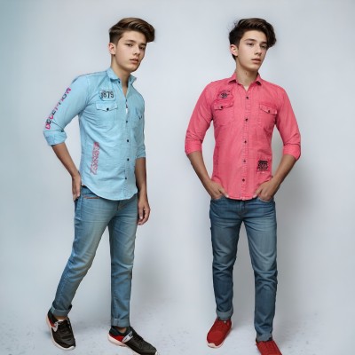 SHUKRAN Boys Printed Casual Light Blue, Pink Shirt(Pack of 2)