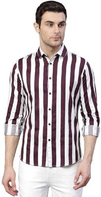 Vamikkaa Men Striped Casual Purple, White Shirt