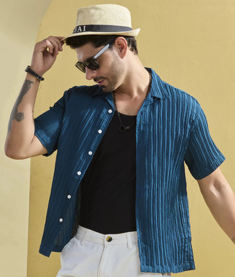 STONEBERG Men Self Design Casual Dark Blue Shirt
