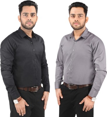 CRAFT HEAVEN Men Solid Casual Black, Grey Shirt(Pack of 2)