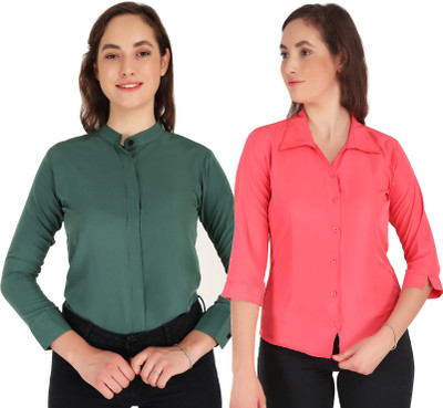 Miranga Women Solid Casual Pink, Dark Green Shirt(Pack of 2)