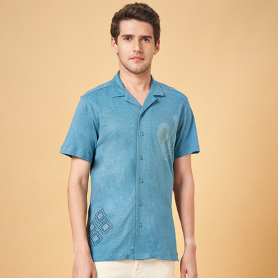 7 Alt by Pantaloons Men Self Design Casual Blue Shirt