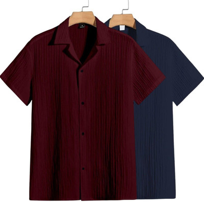 METRONAUT Men Self Design Casual Maroon, Dark Blue Shirt(Pack of 2)