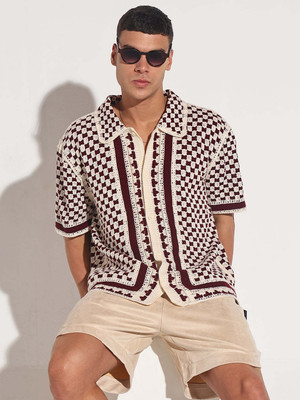 SHOWOFFFF Men Geometric Print Casual Maroon, Beige Shirt