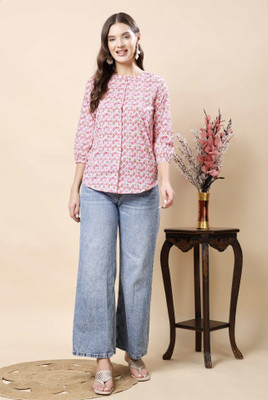 Houseofneha Women Floral Print, Color Block Casual Pink Shirt