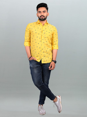 BOUGHT FIRST Men Printed Party Yellow Shirt