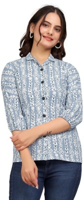 FABTOWN Women Striped, Printed Casual Blue Shirt