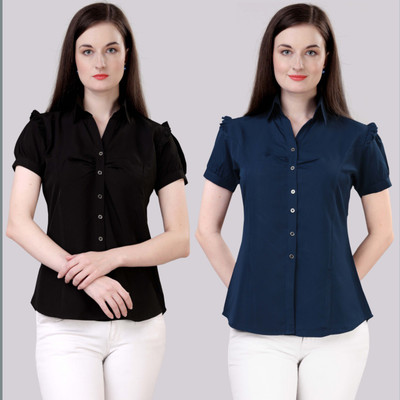 Kinjo Women Solid Formal Dark Blue, Black Shirt(Pack of 2)