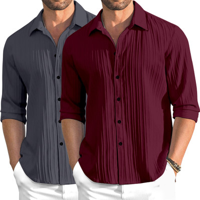 OXXOM Men Self Design Casual Grey, Maroon Shirt(Pack of 2)