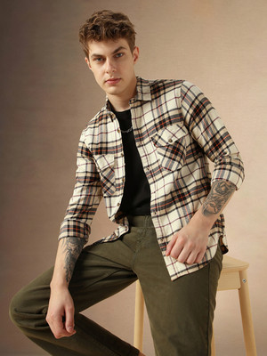 Dennis Lingo Men Checkered Casual Beige, Black Shirt