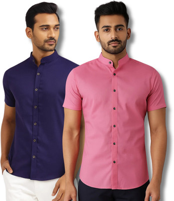 RANGFIT Men Solid Casual Dark Blue, Pink Shirt(Pack of 2)