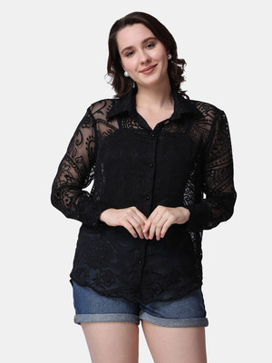 POPWINGS Women Printed Casual Black Shirt