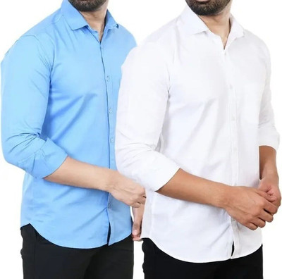 Hansroop Men Solid Casual Light Blue, White Shirt(Pack of 2)