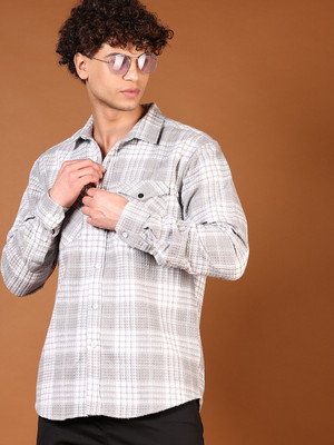 V-MART Men Checkered Casual Grey Shirt