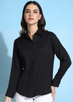 Ann Springs Women Striped Casual Black Shirt