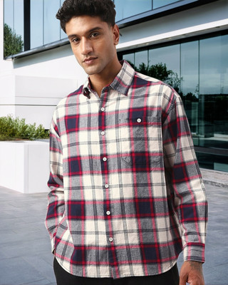 BEWAKOOF Men Checkered Casual Beige Shirt