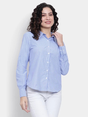 Mugni Women Striped Casual Blue, White Shirt