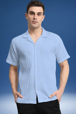 A DEEMOON TREND Men Self Design Casual Light Blue Shirt
