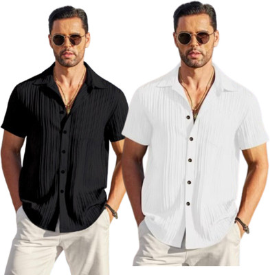 METRONAUT Men Self Design Casual White, Black Shirt(Pack of 2)