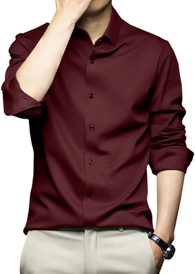 DEEMOON Men Solid Formal Maroon Shirt