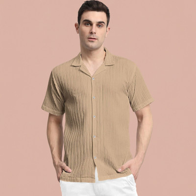 A COMBRAIDED Men Self Design Casual Cream Shirt