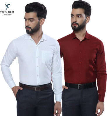 youth first Men Solid Formal Maroon, White Shirt(Pack of 2)