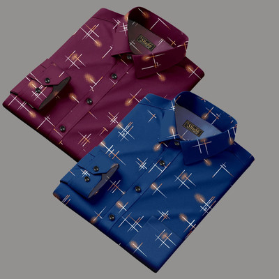 SHUBHFLAX Men Printed Casual Dark Blue Shirt(Pack of 2)
