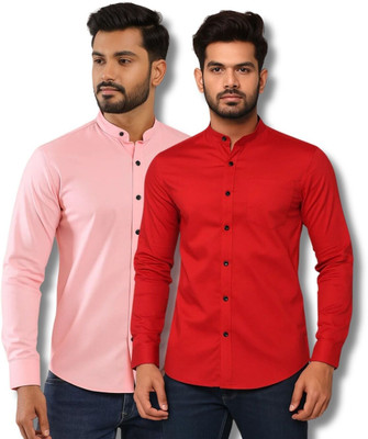 CROWNTAIL Men Solid Casual Pink, Red Shirt(Pack of 2)
