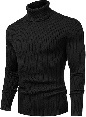 YOUTH ROBE Woven Turtle Neck Casual Men Black Sweater