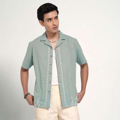 7 Alt by Pantaloons Men Embroidered Casual Green Shirt