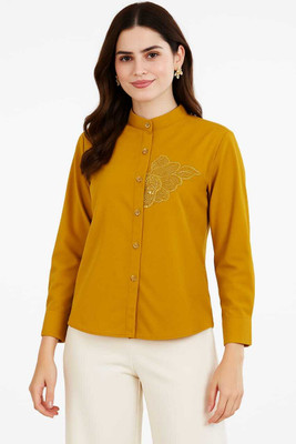 Jileba International Women Embroidered Formal Yellow Shirt